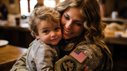 Joyful military mom reuniting with her son at home, photography.