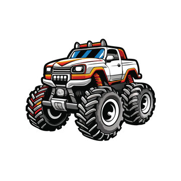 recommend clip art: Cartoon monster truck with large tires and red stripes, outlined in black on a white background.