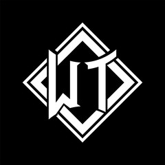 WT Letter logo abstract shield shape with square white outline on black background template