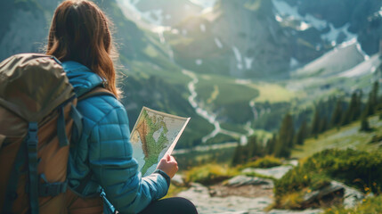 A close-up shot of an adventurous woman's hands holding and examining the map