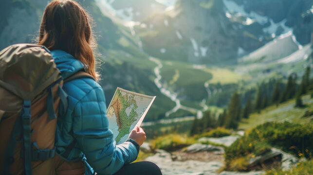 A close-up shot of an adventurous woman's hands holding and examining the map