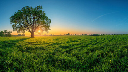 Obraz premium Vast green field at sunrise with clear sky and horizon.