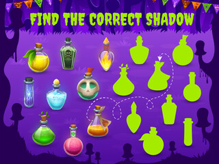 Find the correct shadow of witch potion bottles. Similarity search children quiz, silhouette find child vector puzzle or shadow match kids game. Similarity search riddle worksheet with magic potions