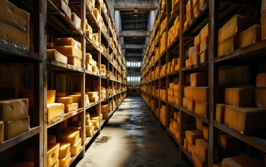 Fototapeta premium Cheese warehouse with shelves full of aging cheese blocks. cheese manufacturing process