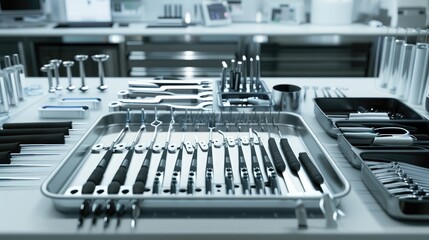An array of advanced robotic surgical instruments neatly arranged on a sterile tray, ready for use.