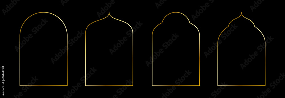 Poster thin golden oriental arch set. gold arc border frame collection in art deco style. thin linear shini