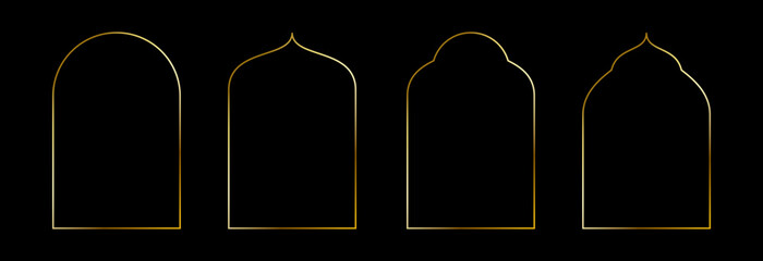 Thin golden oriental arch set. Gold arc border frame collection in art deco style. Thin linear shining curve shape bundle. Glowing shiny boarder element pack for photo, cadre, poster, card. Vector