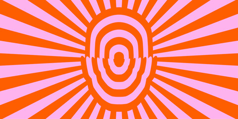 Retro trippy psychedelic background. Red and pink groovy head with ray burst wallpaper. Vintage colorful hippie tunnel poster design. Mental hypnotic vibes concept. Vector backdrop