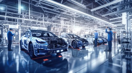 A clean, modern electric vehicle factory floor with workers in safety gear inspecting electric car chassis and battery packs, with rows of partially assembled vehicles,generative ai