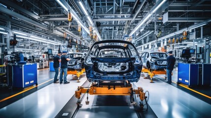 Fototapeta premium A clean, modern electric vehicle factory floor with workers in safety gear inspecting electric car chassis and battery packs, with rows of partially assembled vehicles,generative ai