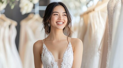 A woman is smiling in front of a rack of wedding dresses