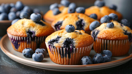 Freshly baked blueberry muffins on a plate