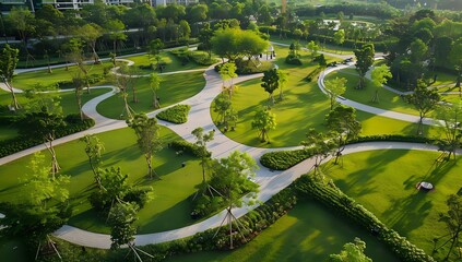 Serene Green Park with Winding Paths and Lush Landscaping