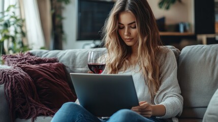 Naklejka premium A woman is sitting on a couch with a laptop and a glass of wine