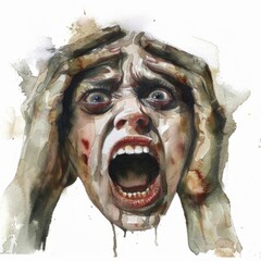 Watercolor painting of fear, on isolated white background, Generative AI