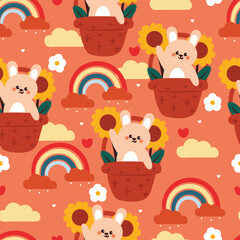 cute seamless pattern cartoon bunny inside a flower basket with sky element and orange sky. cute wallpaper for fabric print, gift wrap paper