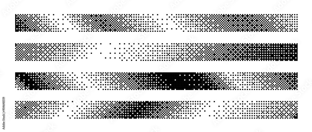 Poster Bitmap slanted gradient border set. Diagonal dotted halftone header or footer collection. Pixelated rectangle decoration element for banner, poster, advertisement, cover. Vector horizontal stripes