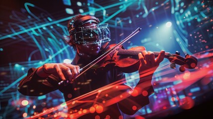 Fototapeta premium An augmented reality concert with virtual instruments and interactive music visualizations.