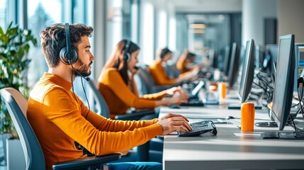 A man in an orange shirt is wearing headphones and typing on a computer