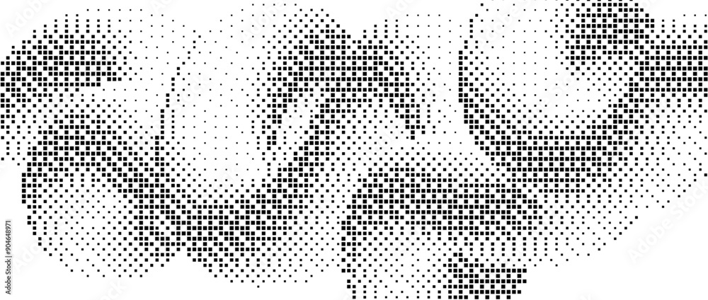 Poster pixelated gradient squiggle shape. black dither wavy texture background. dotted curved fluid form fo