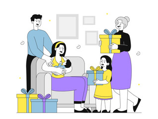 Happy family with gifts. Several generations with gift boxes. Grandmother, grandfather, father and wife with newborn. People celebrating Christmas or New Year. Linear vector illustration