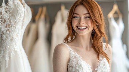 Naklejka premium A woman in a red dress is smiling in front of a rack of wedding dresses
