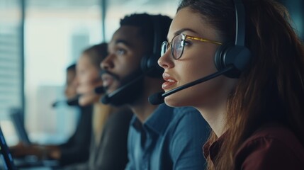 A group of people are working in an office, with one woman wearing a headset