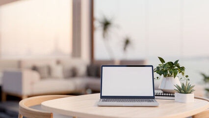 A laptop computer mockup on a wooden table in a luxurious contemporary living room with a sea view.