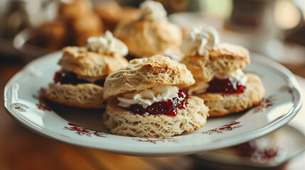 Freshly baked scones with clotted cream and strawberry jam