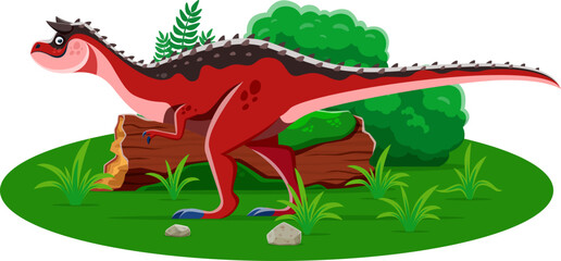 Carnotaurus prehistoric dinosaur. Cartoon vector dino predator with black spots and spikes on its back, standing beside fallen log and green plants in a landscape with a meadow and lush green grass