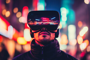 young man wearing high-tech virtual reality goggles with a multi-colored dynamic blurred out background
