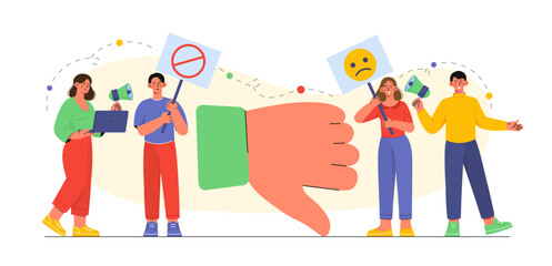 Naklejka premium People with bad reviews. Men and women with loudspeakers near thumbs down. Unsatisfied customers and viewers. Clients with negative feedback. Flat vector illustration
