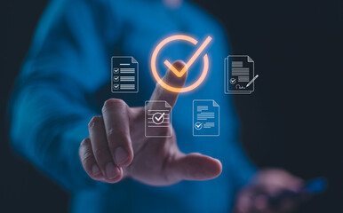 Quality management with Quality Assurance or QA and Quality Control or QC and improvement. Standardization and certification concept. Compliance to regulations and standards. Concept with manager.