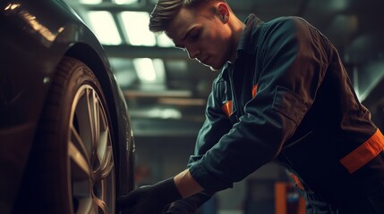 A man is working on a car tire