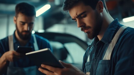 Two men are looking at a tablet while wearing blue shirts
