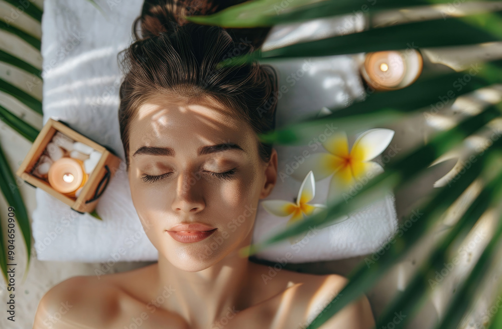 Wall mural A woman is lying down with her eyes closed, enjoying the relaxing atmosphere of a spa salon surrounded by palm leaves and tropical flowers.