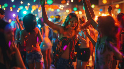 Obraz premium A woman is dancing in a crowd of people, surrounded by colorful lights