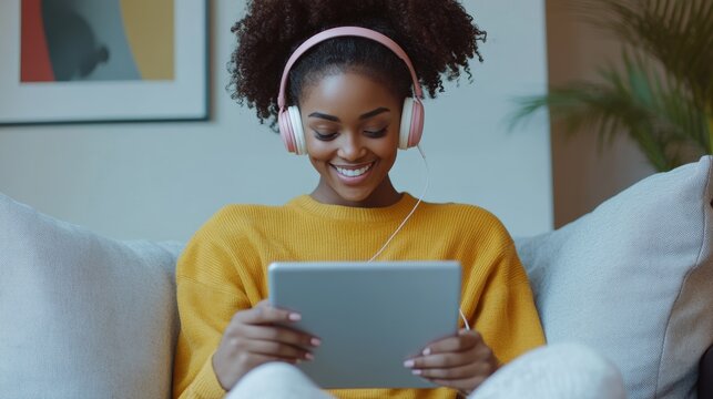 A woman wearing headphones is sitting on a couch and using a tablet