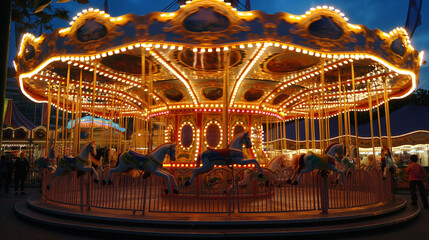 Obraz premium A merry-go-round with many horses and lights