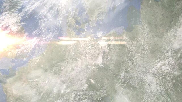 Earth zoom in from space and focus on Berlin, Germany. Background for travel intro or blog. Satellite view. 3D style Animation. Images from NASA.