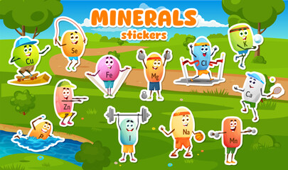 Fototapeta premium Cartoon micronutrients and minerals character stickers, fitness sport activity in bright outdoor scene with green fields, water pond and blue sky. Vector patches promoting healthy living and nutrients