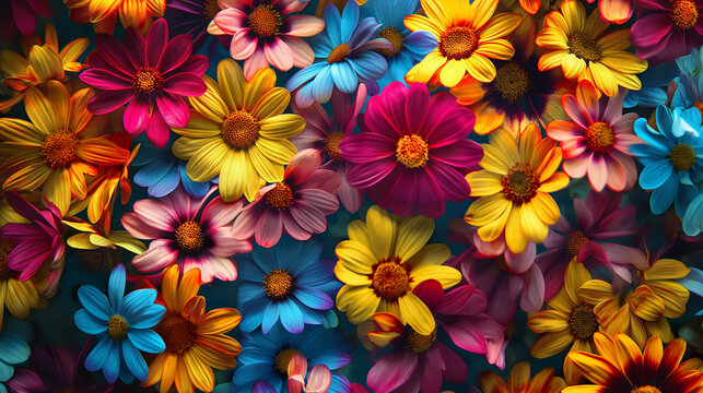 A colorful bouquet of flowers with a blue background