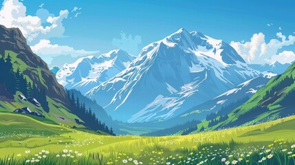 actor illustration mountain landscape across the green fields very beautiful background
