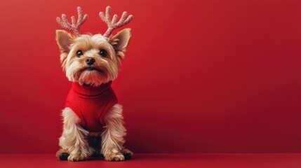 Cute Yorkshire Terrier Dressed as Reindeer with Antlers for Christmas
