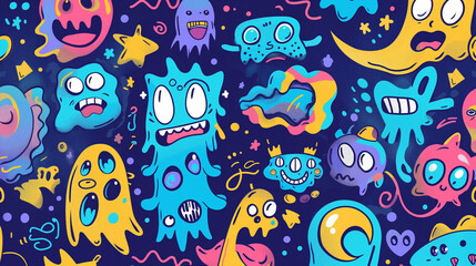 A colorful and cartoonish background with various monsters and creatures