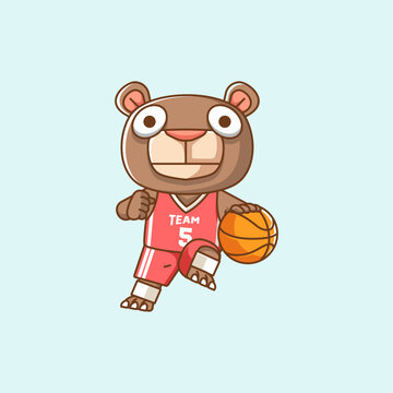 recommend clip art: Cute bear dribble basketball player play basket kawaii chibi character mascot illustration outline style design