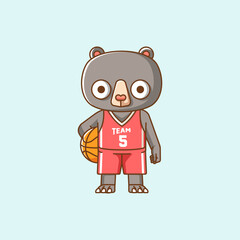 Cute black bear basketball player play basket kawaii chibi character mascot illustration outline style design