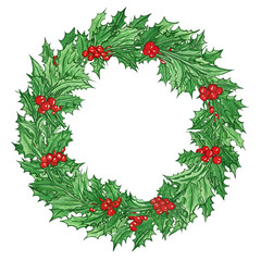 Christmas wreath made of holly, on an isolated transparent background for use in graphic design on the theme of Christmas