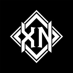 Fototapeta premium XN Letter logo abstract shield shape with square white outline on black background template