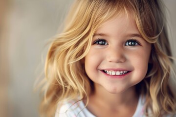 Happy smiling little girl with blonde hair. Cute child with beautiful face looking into camera close-up portrait